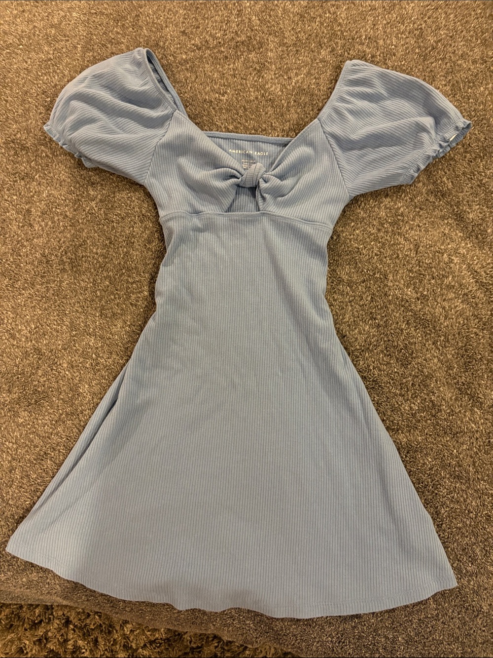American Eagle Outfitters Light Blue Tie-Front Puff Sleeve Mini Dress